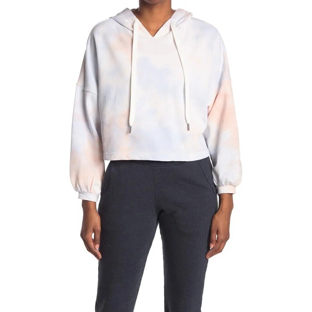 ELODIE Woman's Drawstring Cropped Hoodie Sweatshirt In White Pink Blue Size L